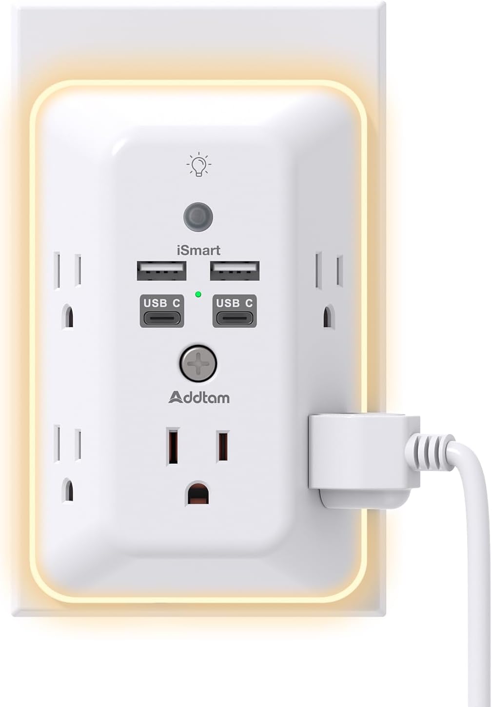Addtam Surge Protector Outlet Extender, Plug Extension Outlet with Night Light, 5-Outlet Splitter and 4 USB Ports(1 USB C), Multi Plug Wall Outlet for Home Office Dorm Room Essentials