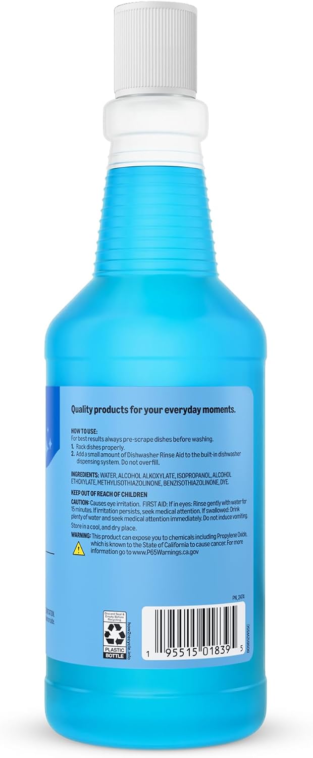 Amazon Basics Dishwasher Rinse Aid Liquid, Prevents Spots, Enhances Drying, Sparkling Finish, 32 Fl Oz, 1-Pack