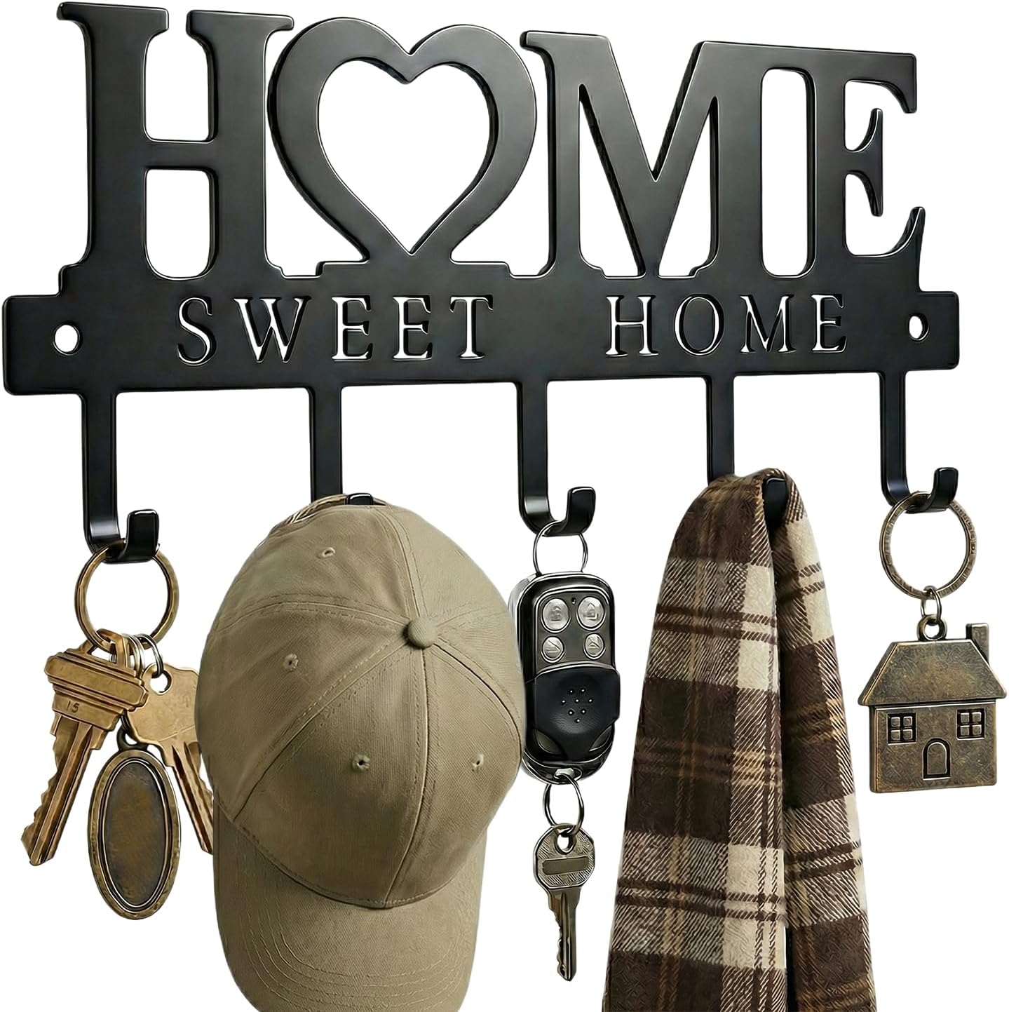 Entryway Wall Key Holder with 5 Hooks, Metal Key Rack Wall Mount for Keys, Bags and Leashes, Decorative Organizer for Entryway, Mudroom or Hallway, Sweet Home Design, 9.8 inches, Black