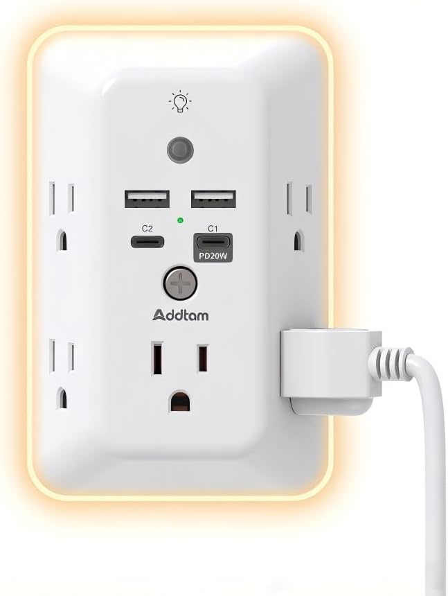 Addtam Surge Protector Outlet Extender, Plug Extension Outlet with Night Light, 5-Outlet Splitter and 4 USB Ports(1 USB C), Multi Plug Wall Outlet for Home Office Dorm Room Essentials