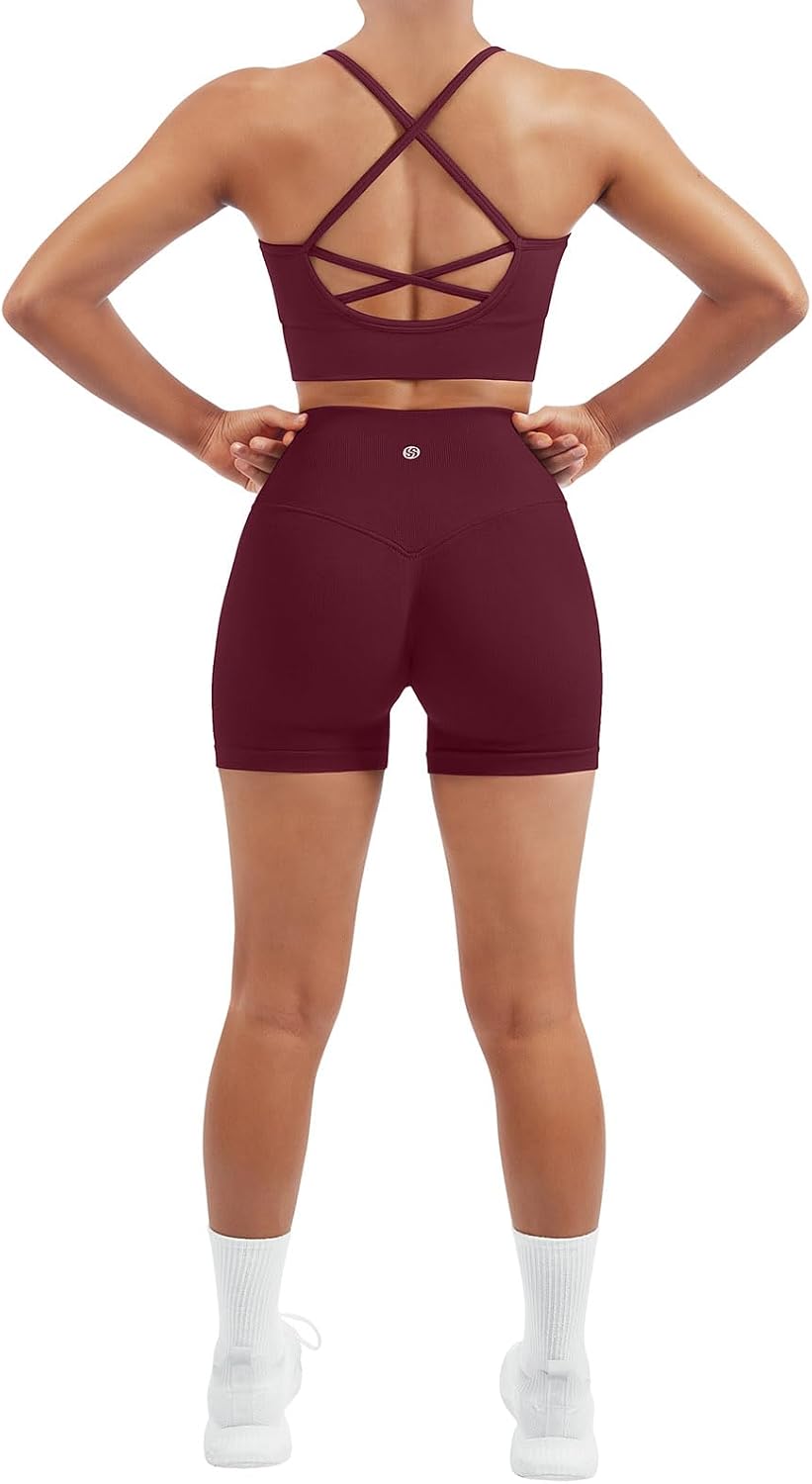 SUUKSESS Women Seamless 2 Piece Workout Sets Criss Cross Sports Bra High Waist Booty Shorts