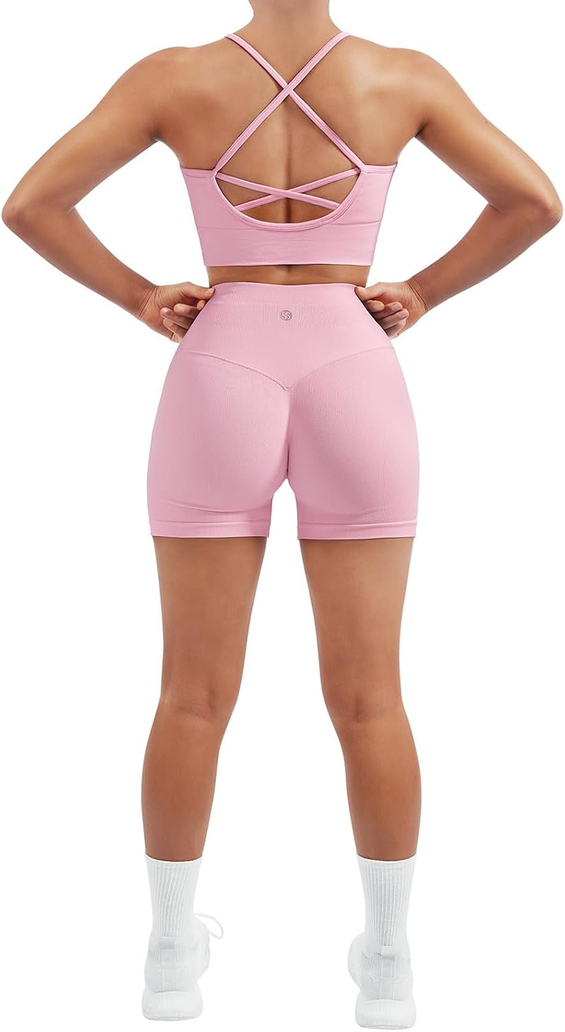 SUUKSESS Women Seamless 2 Piece Workout Sets Criss Cross Sports Bra High Waist Booty Shorts