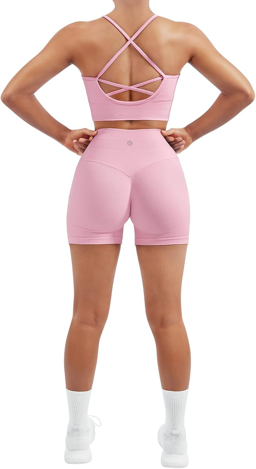 SUUKSESS Women Seamless 2 Piece Workout Sets Criss Cross Sports Bra High Waist Booty Shorts