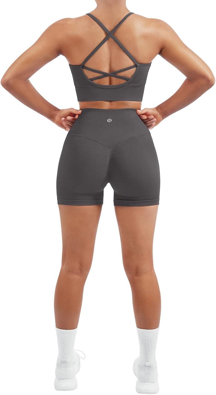 SUUKSESS Women Seamless 2 Piece Workout Sets Criss Cross Sports Bra High Waist Booty Shorts