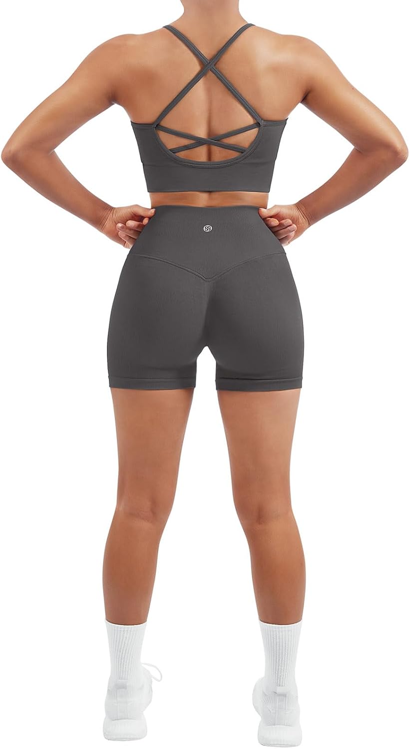 SUUKSESS Women Seamless 2 Piece Workout Sets Criss Cross Sports Bra High Waist Booty Shorts