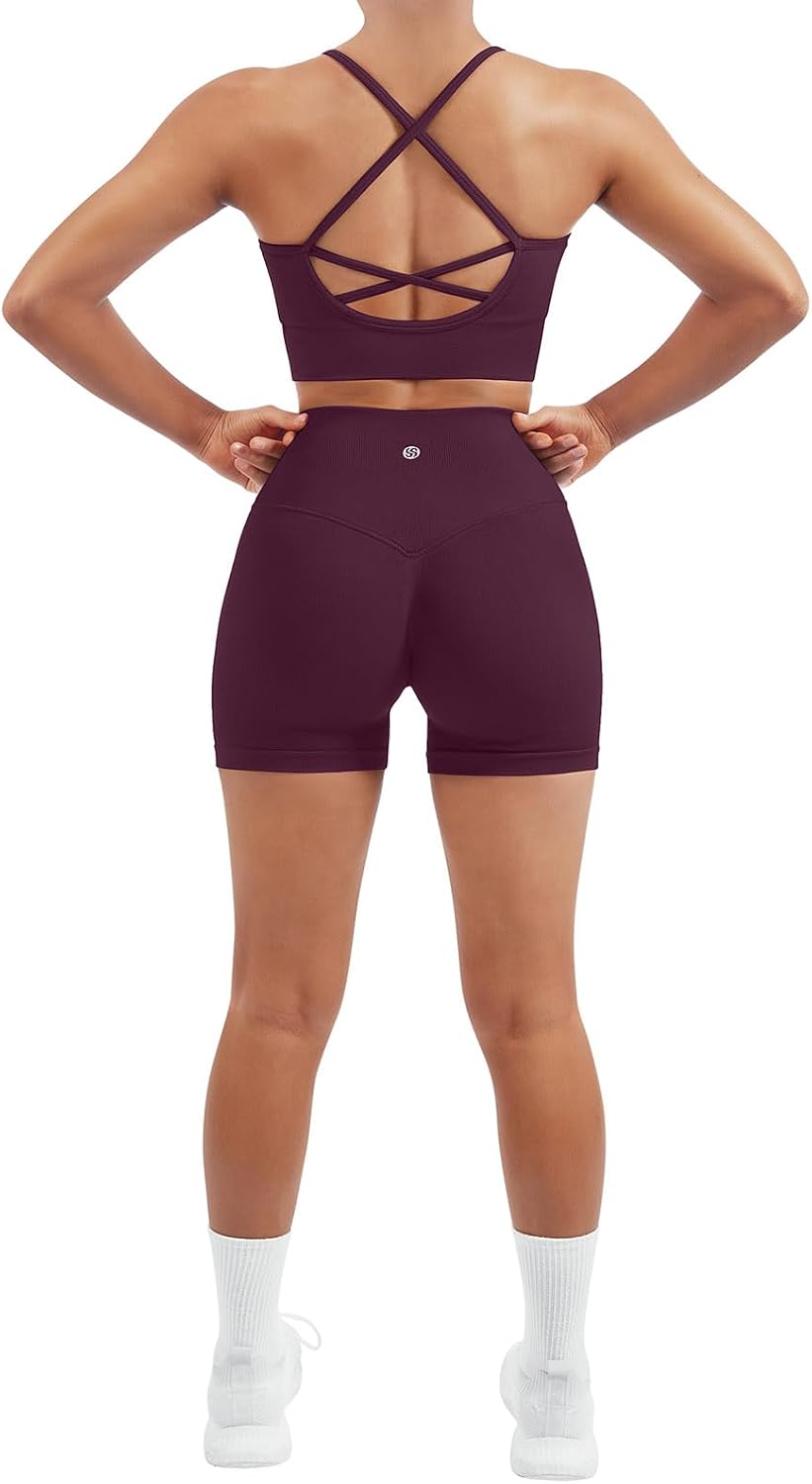 SUUKSESS Women Seamless 2 Piece Workout Sets Criss Cross Sports Bra High Waist Booty Shorts