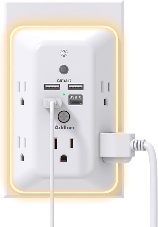 Addtam Surge Protector Outlet Extender, Plug Extension Outlet with Night Light, 5-Outlet Splitter and 4 USB Ports(1 USB C), Multi Plug Wall Outlet for Home Office Dorm Room Essentials