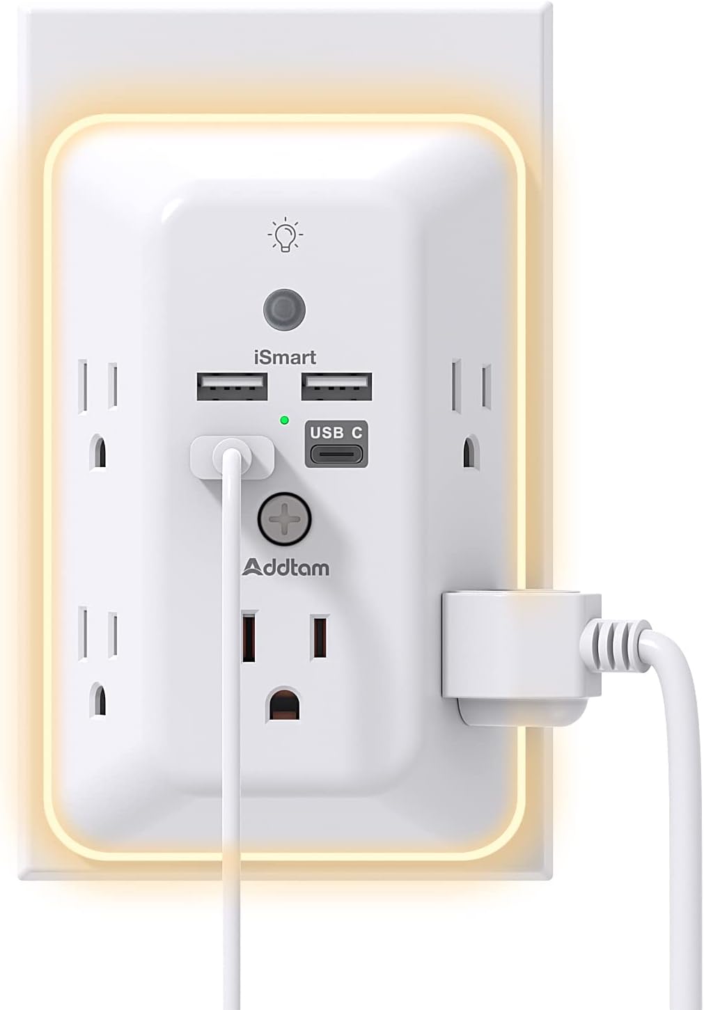 Addtam Surge Protector Outlet Extender, Plug Extension Outlet with Night Light, 5-Outlet Splitter and 4 USB Ports(1 USB C), Multi Plug Wall Outlet for Home Office Dorm Room Essentials