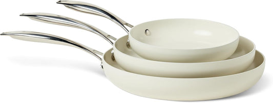 Amazon Basics Ceramic Nonstick Cookware, 3-Piece Frying Pan Set, All Cooktop Induction Compatible, Dishwasher-Safe, Oven-Safe, Ivory