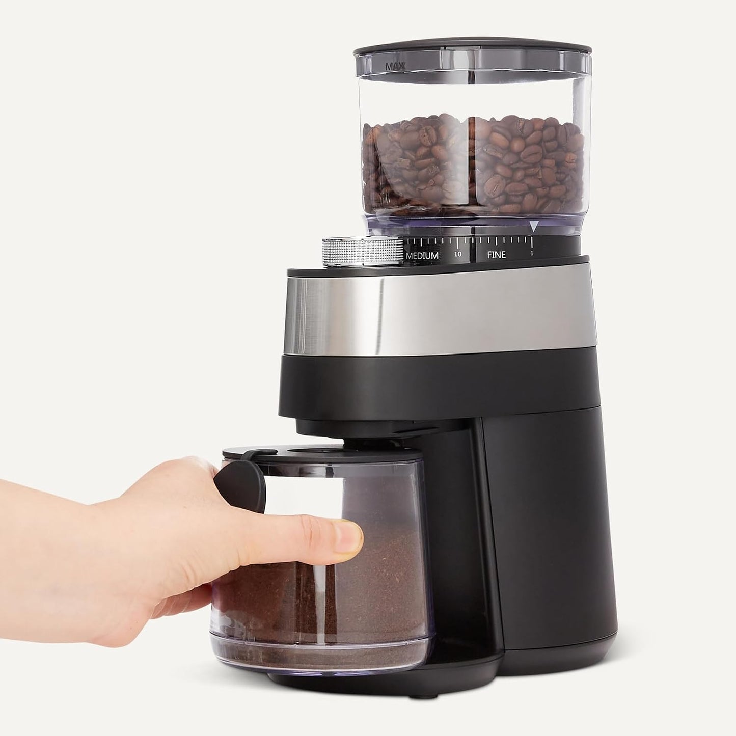 Amazon Basics Burr Coffee Grinder, 30 Grind Settings for French Press, Drip Coffee and Espresso, Anti-Static System, 6.5-Ounce Hopper, Black