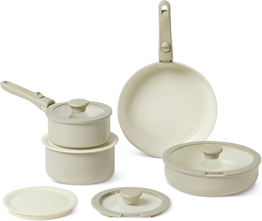 Amazon Basics Ceramic Nonstick Cookware Set with Detachable Handles, 11-Piece Stackable, All Cooktop Friendly, Dishwasher-Safe, Includes Saucepan, Frying Pan, Glass and Plastic Lids, Linen Gray