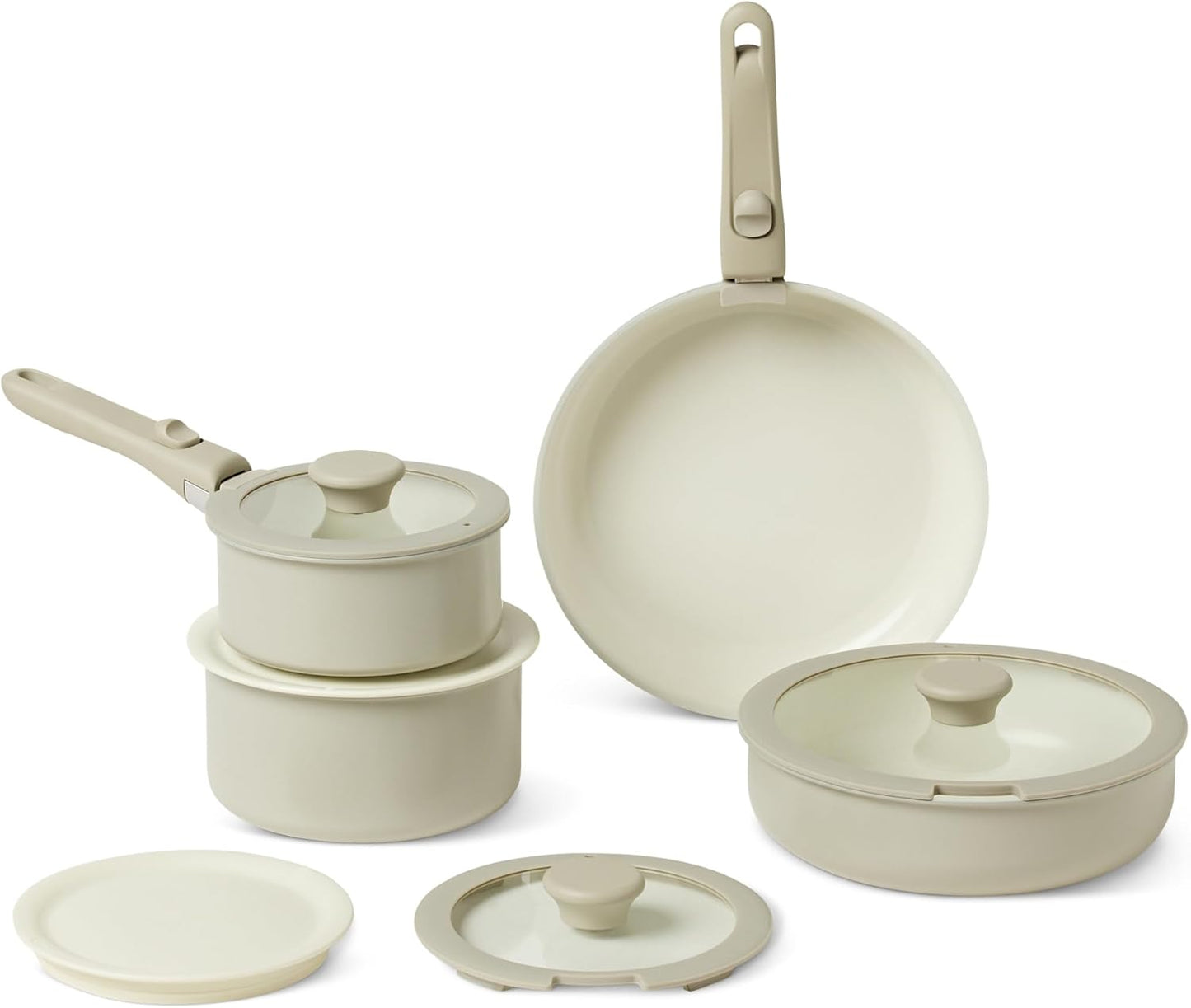 Amazon Basics Ceramic Nonstick Cookware Set with Detachable Handles, 11-Piece Stackable, All Cooktop Friendly, Dishwasher-Safe, Includes Saucepan, Frying Pan, Glass and Plastic Lids, Linen Gray