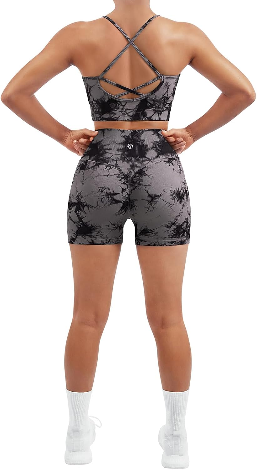 SUUKSESS Women Seamless 2 Piece Workout Sets Criss Cross Sports Bra High Waist Booty Shorts