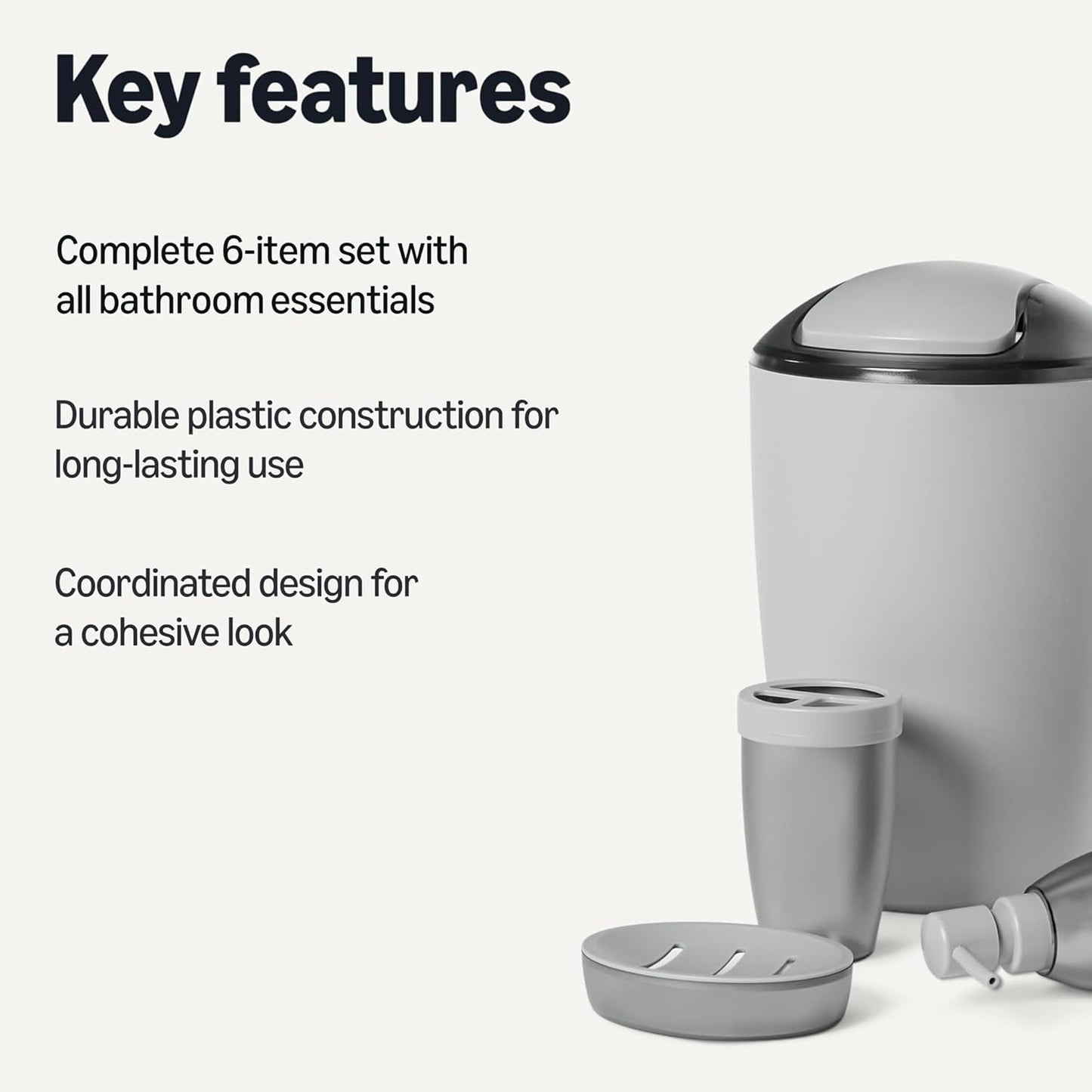 Amazon Basics Bathroom Set, 6-Piece with Toothbrush Holder, Soap Dispenser, Soap Dish, Toothbrush Cup, Trash Can, Toilet Brush and Holder, Grey