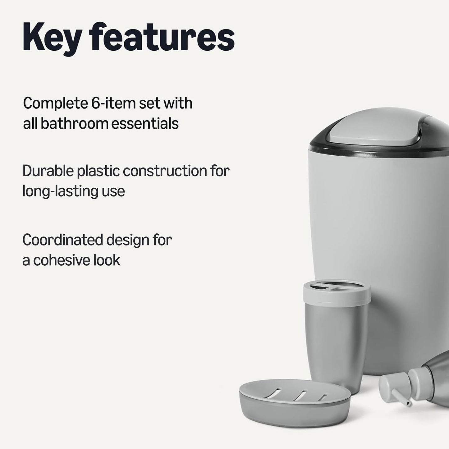 Amazon Basics Bathroom Set, 6-Piece with Toothbrush Holder, Soap Dispenser, Soap Dish, Toothbrush Cup, Trash Can, Toilet Brush and Holder, Grey