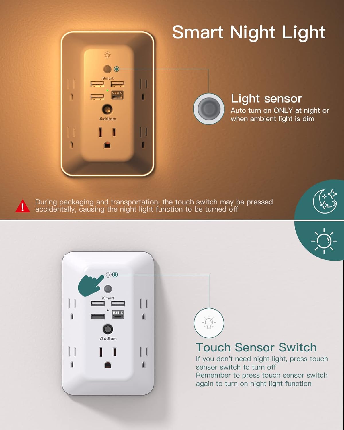 Addtam Surge Protector Outlet Extender, Plug Extension Outlet with Night Light, 5-Outlet Splitter and 4 USB Ports(1 USB C), Multi Plug Wall Outlet for Home Office Dorm Room Essentials