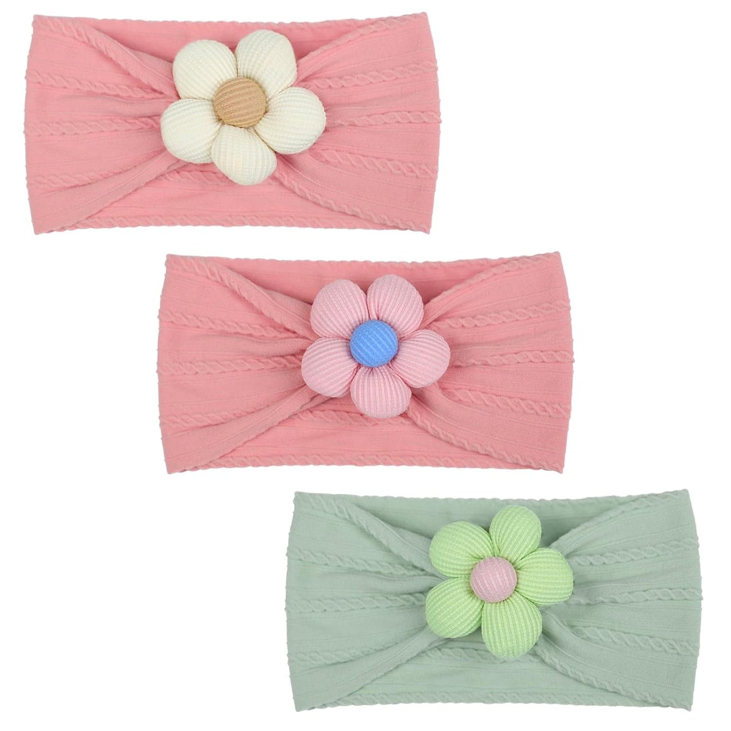 MIUXUESO 3 Pcs Baby Flower Headbands Baby Girls Nylon Headband Soft Hairbands Hair Accessories for Newborn Infant Toddler Kids (Beige Pink Khaki)
