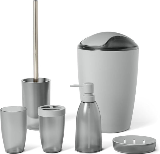 Amazon Basics Bathroom Set, 6-Piece with Toothbrush Holder, Soap Dispenser, Soap Dish, Toothbrush Cup, Trash Can, Toilet Brush and Holder, Grey