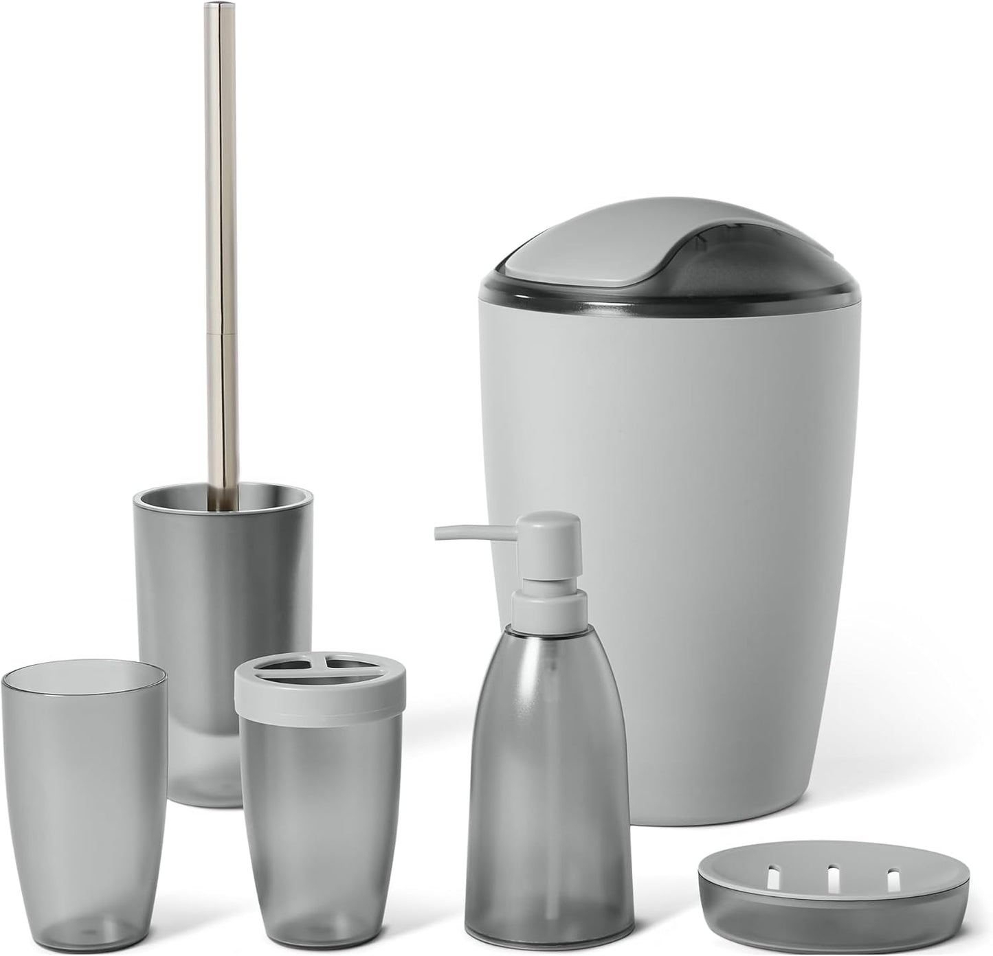 Amazon Basics Bathroom Set, 6-Piece with Toothbrush Holder, Soap Dispenser, Soap Dish, Toothbrush Cup, Trash Can, Toilet Brush and Holder, Grey