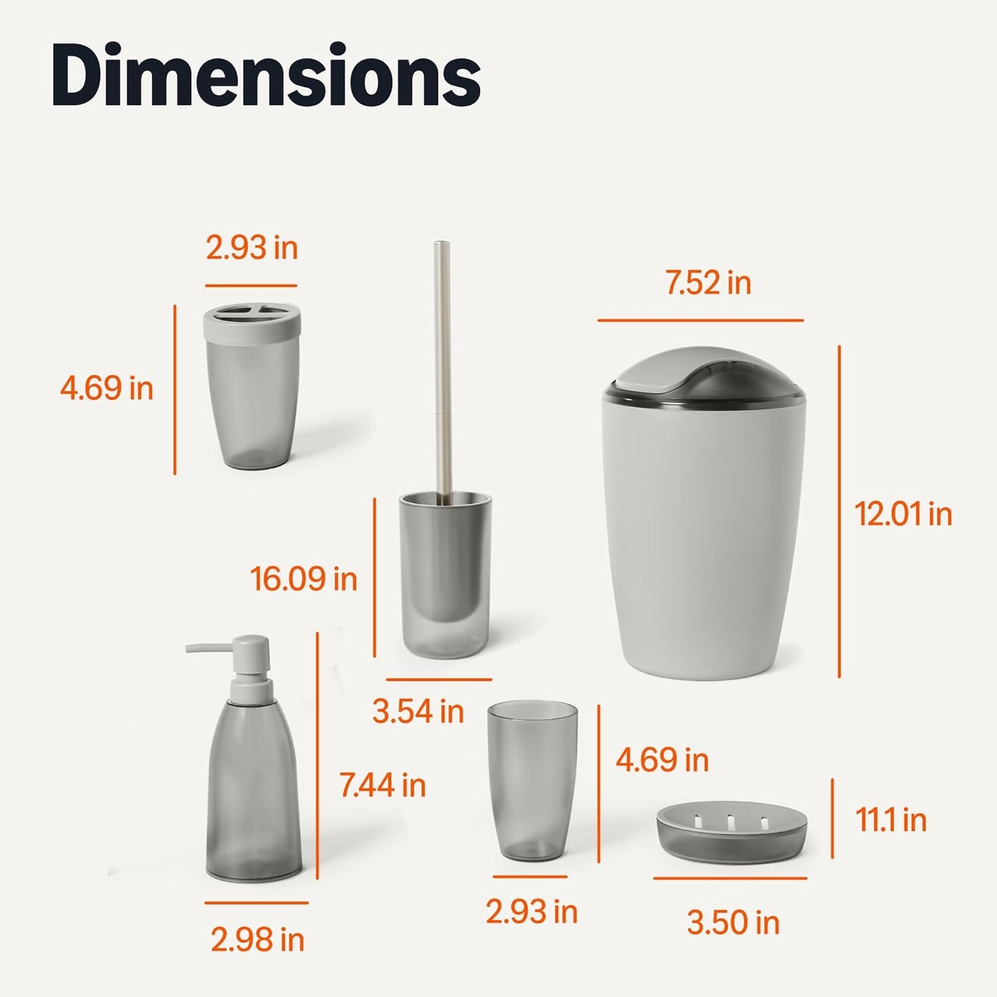 Amazon Basics Bathroom Set, 6-Piece with Toothbrush Holder, Soap Dispenser, Soap Dish, Toothbrush Cup, Trash Can, Toilet Brush and Holder, Grey