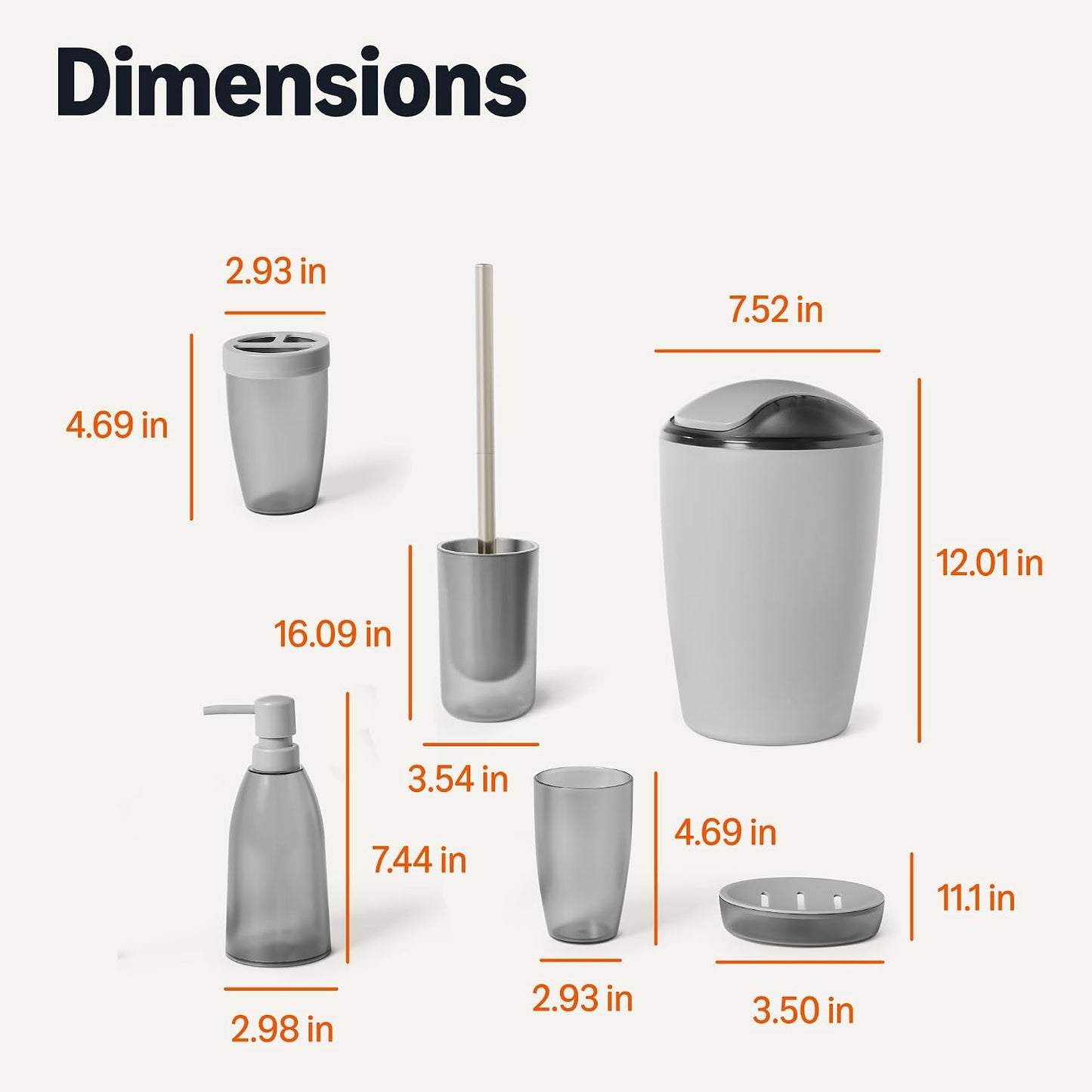 Amazon Basics Bathroom Set, 6-Piece with Toothbrush Holder, Soap Dispenser, Soap Dish, Toothbrush Cup, Trash Can, Toilet Brush and Holder, Grey