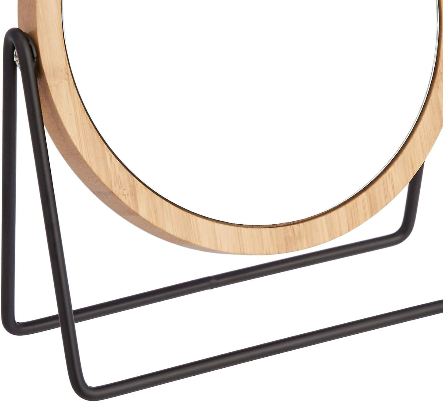 Amazon Basics Vanity Round Tabletop Mirror with Bamboo Rim, Double Sided Magnifying, 360° Rotation, Black, 7.2"L x 2.87"W
