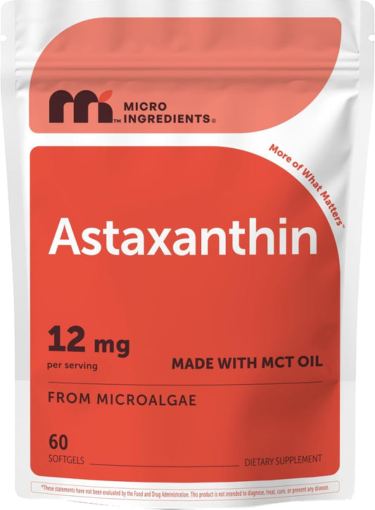 Micro Ingredients Astaxanthin 12mg with MCT Oil, 60 Softgels | Fresh Microalgae Source | Triple Strength, Easy to Swallow, Non-GMO, Gluten Free, Soy Free