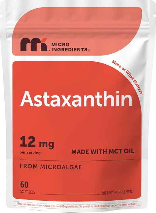 Micro Ingredients Astaxanthin 12mg with MCT Oil, 60 Softgels | Fresh Microalgae Source | Triple Strength, Easy to Swallow, Non-GMO, Gluten Free, Soy Free