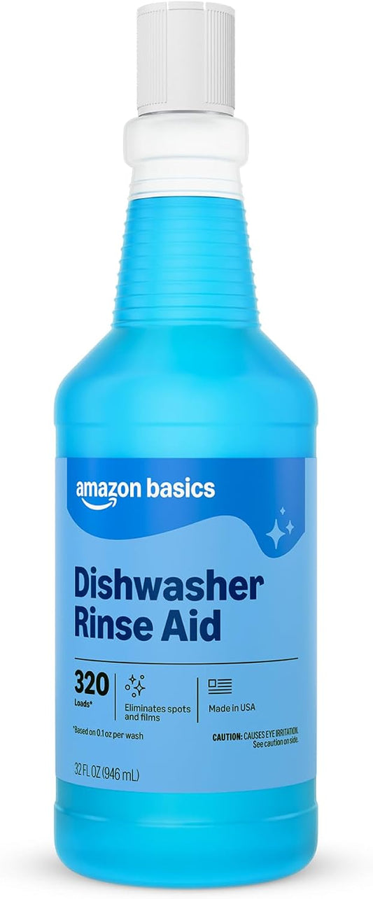 Amazon Basics Dishwasher Rinse Aid Liquid, Prevents Spots, Enhances Drying, Sparkling Finish, 32 Fl Oz, 1-Pack