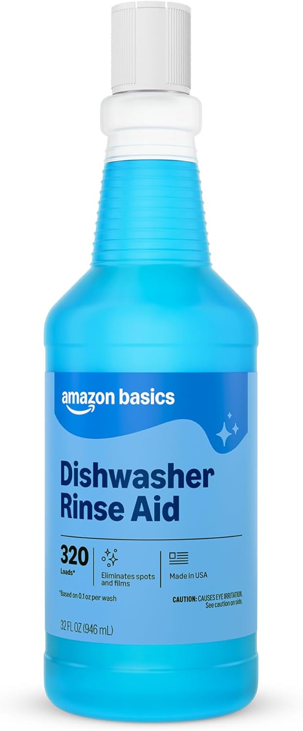 Amazon Basics Dishwasher Rinse Aid Liquid, Prevents Spots, Enhances Drying, Sparkling Finish, 32 Fl Oz, 1-Pack