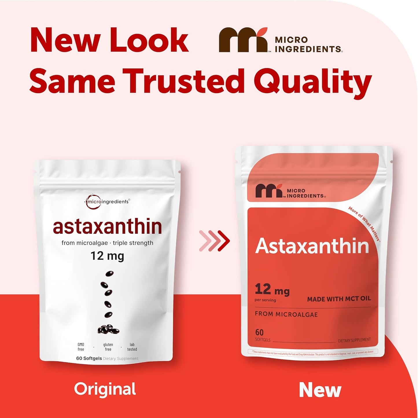 Micro Ingredients Astaxanthin 12mg with MCT Oil, 60 Softgels | Fresh Microalgae Source | Triple Strength, Easy to Swallow, Non-GMO, Gluten Free, Soy Free