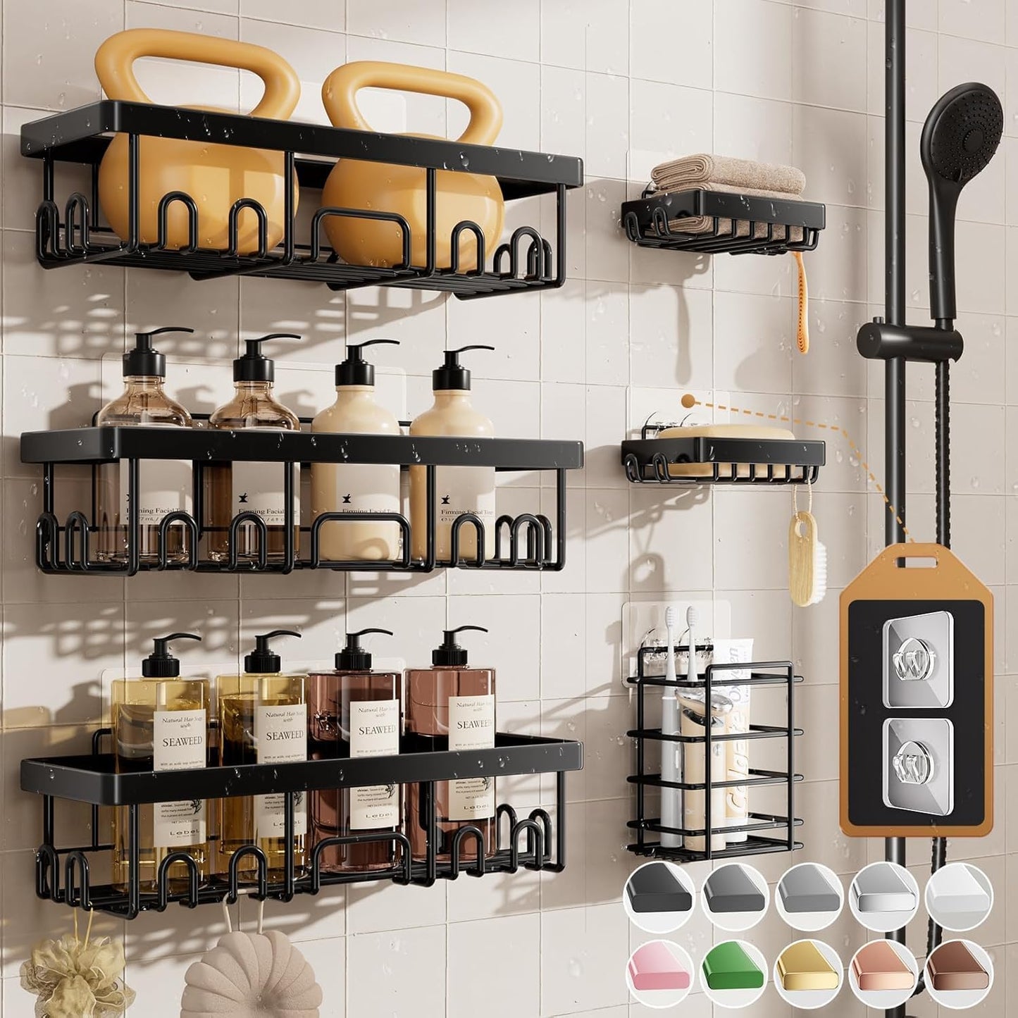 Veken Shower Caddy 6-Pack, No Drilling & Rustproof, Waterproof Adhesive Shelves Rack with Soap Holder, Large Capacity Bathroom Organizers and Storage, Wall-Mounted Kitchen & Home Decor