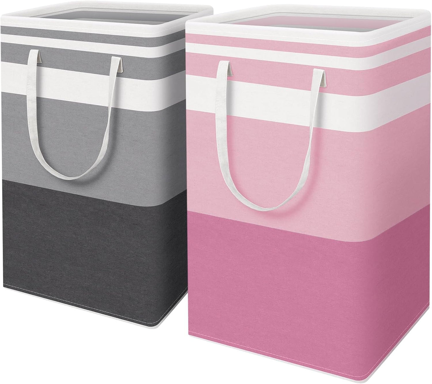 HomeHacks 2 Pack Large Laundry Baskets, Waterproof, Freestanding Laundry Hampers, Collapsible Clothes Hamper with Reinforced Handles in Laundry, College Dorm, Bathroom, Bedroom (Pink, 75Lx2)