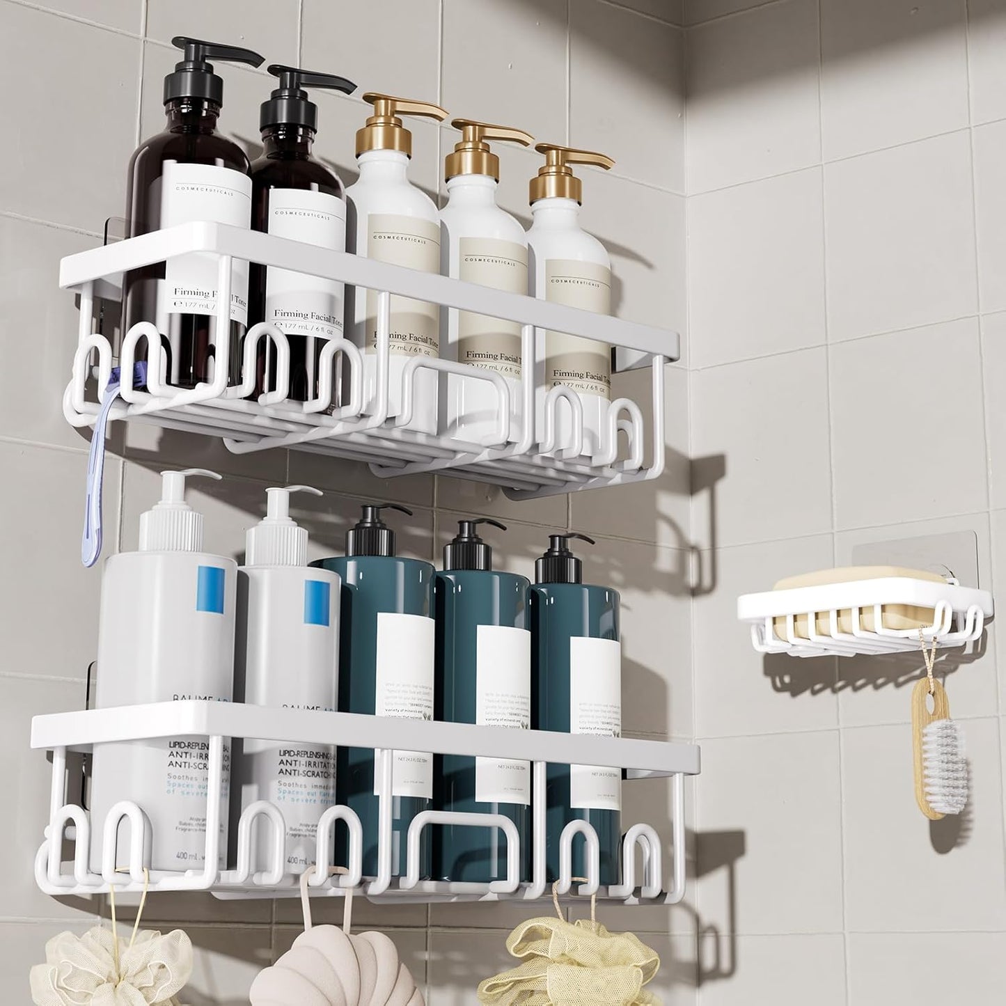 Veken Shower Caddy 6-Pack, No Drilling & Rustproof, Waterproof Adhesive Shelves Rack with Soap Holder, Large Capacity Bathroom Organizers and Storage, Wall-Mounted Kitchen & Home Decor