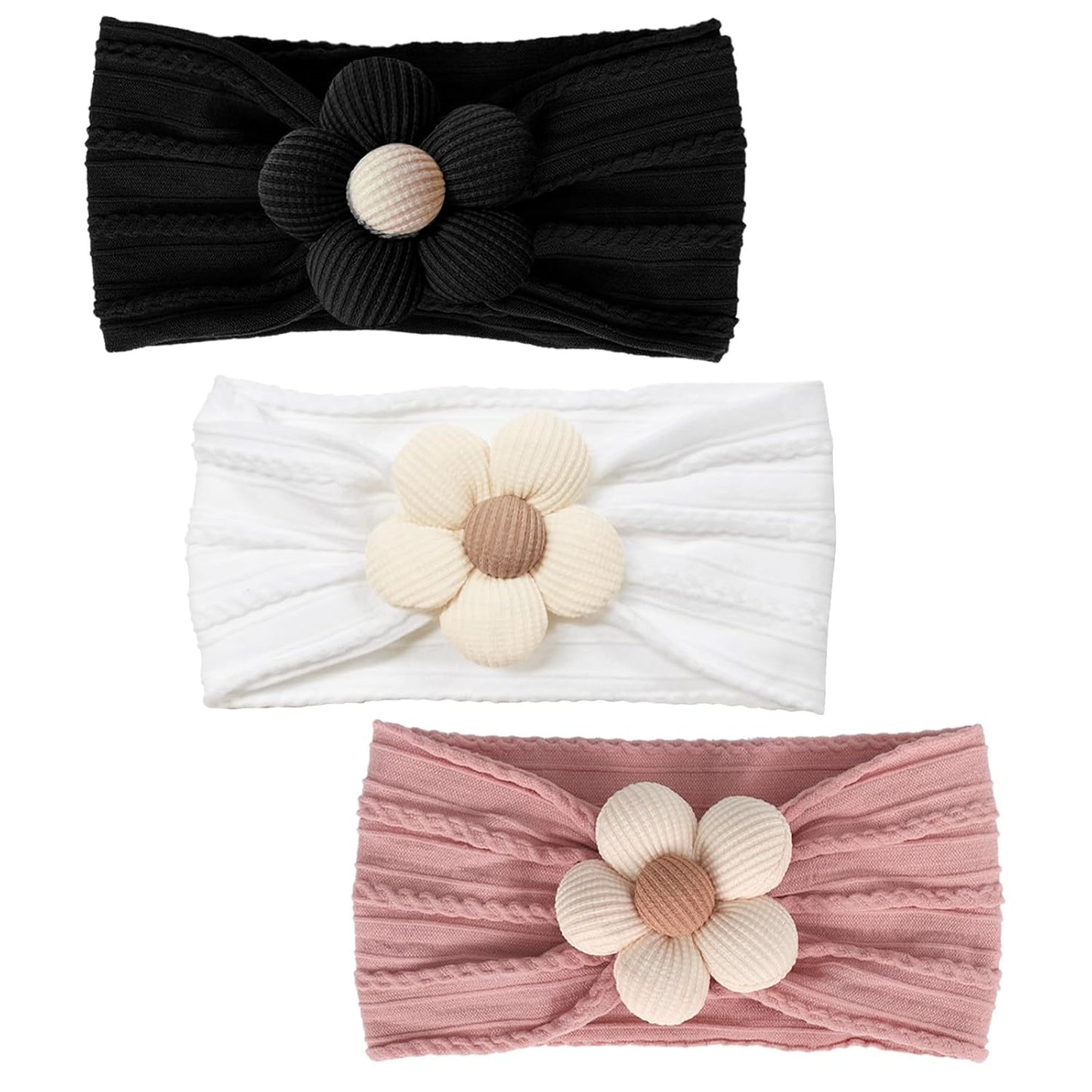 MIUXUESO 3 Pcs Baby Flower Headbands Baby Girls Nylon Headband Soft Hairbands Hair Accessories for Newborn Infant Toddler Kids (Beige Pink Khaki)