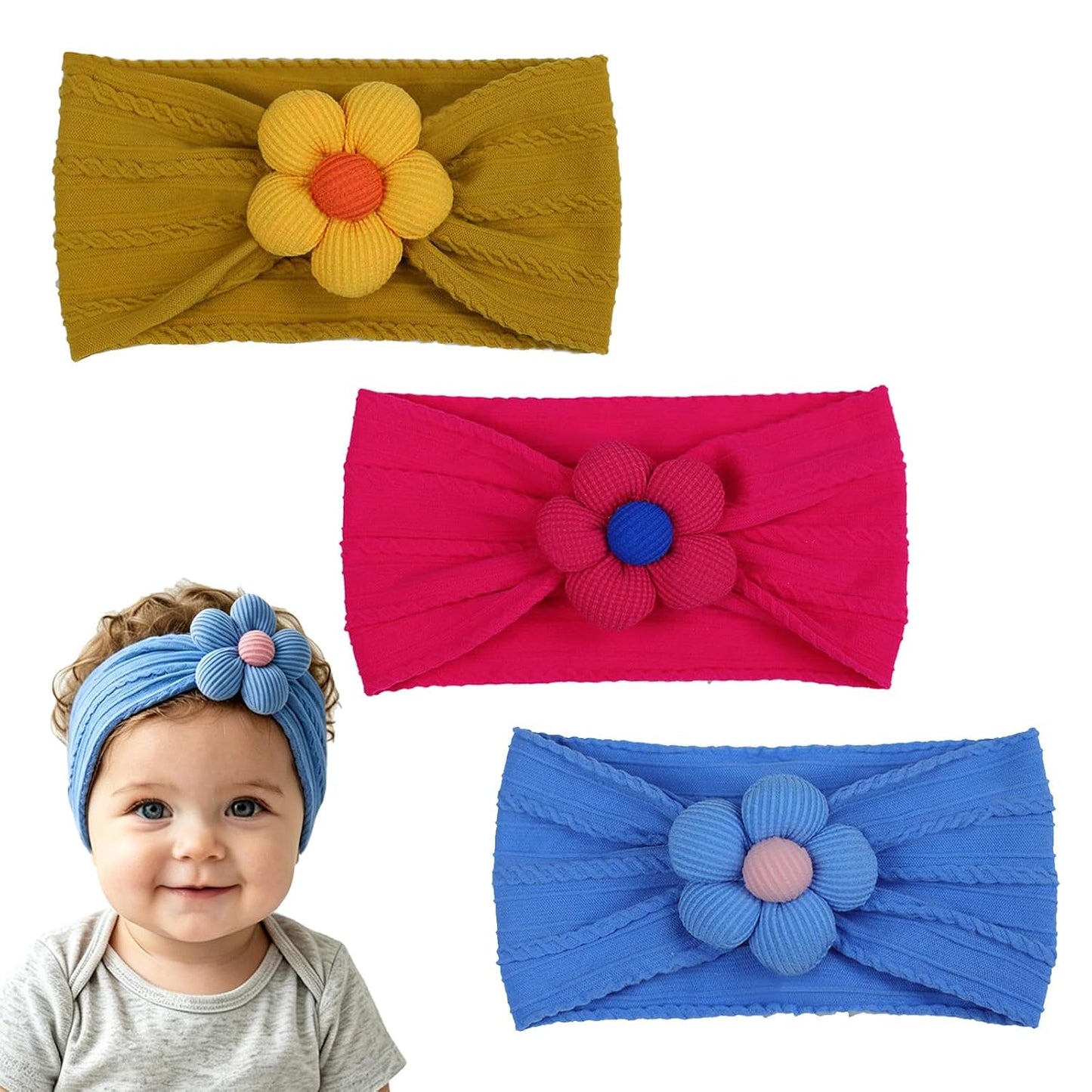 MIUXUESO 3 Pcs Baby Flower Headbands Baby Girls Nylon Headband Soft Hairbands Hair Accessories for Newborn Infant Toddler Kids (Beige Pink Khaki)
