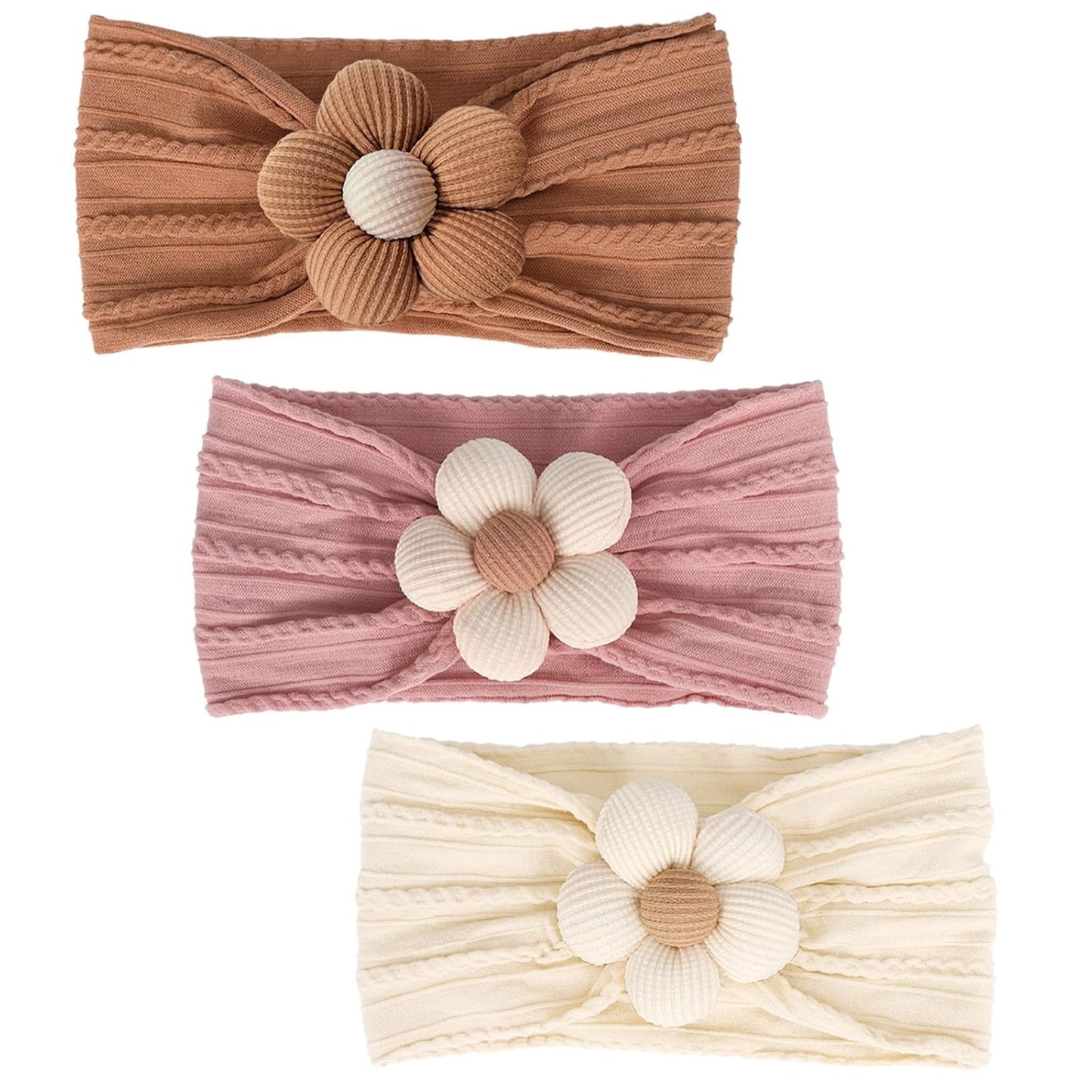 MIUXUESO 3 Pcs Baby Flower Headbands Baby Girls Nylon Headband Soft Hairbands Hair Accessories for Newborn Infant Toddler Kids (Beige Pink Khaki)