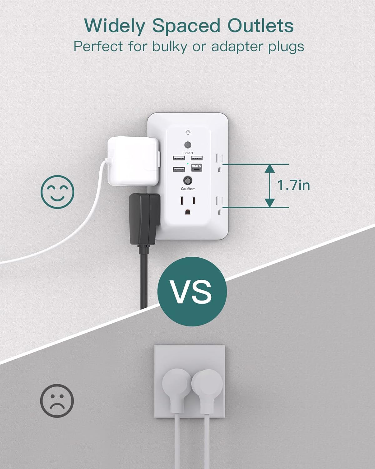 Addtam Surge Protector Outlet Extender, Plug Extension Outlet with Night Light, 5-Outlet Splitter and 4 USB Ports(1 USB C), Multi Plug Wall Outlet for Home Office Dorm Room Essentials