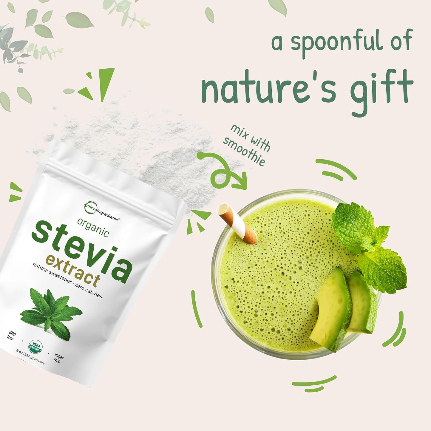 Micro Ingredients Pure Organic Stevia Powder, 8 Ounces, 1418 Serving, Highest Grade Stevia Green Leaf Extract Reb-A, Reduced Bitter Aftertaste, 0 Calorie, Natural Sweetener, Sugar Alternative, Keto Friendly
