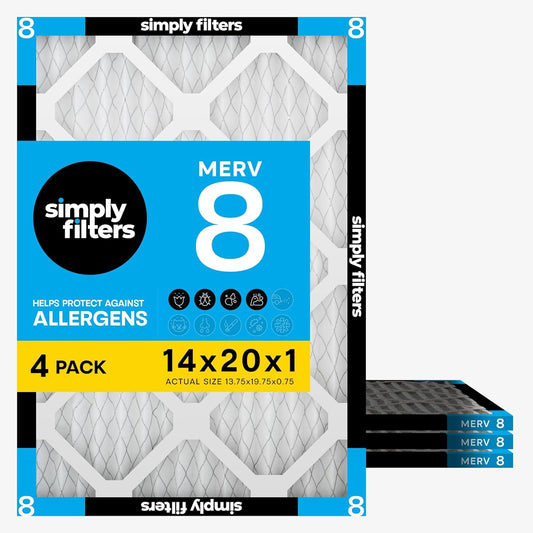 Simply 14x20x1 Air Filter, MERV 8, 4 Pack, For Home AC Furnace & HVAC (Actual Size: 13.75"x19.75"x0.75") DUST, Pet, & Allergy Control