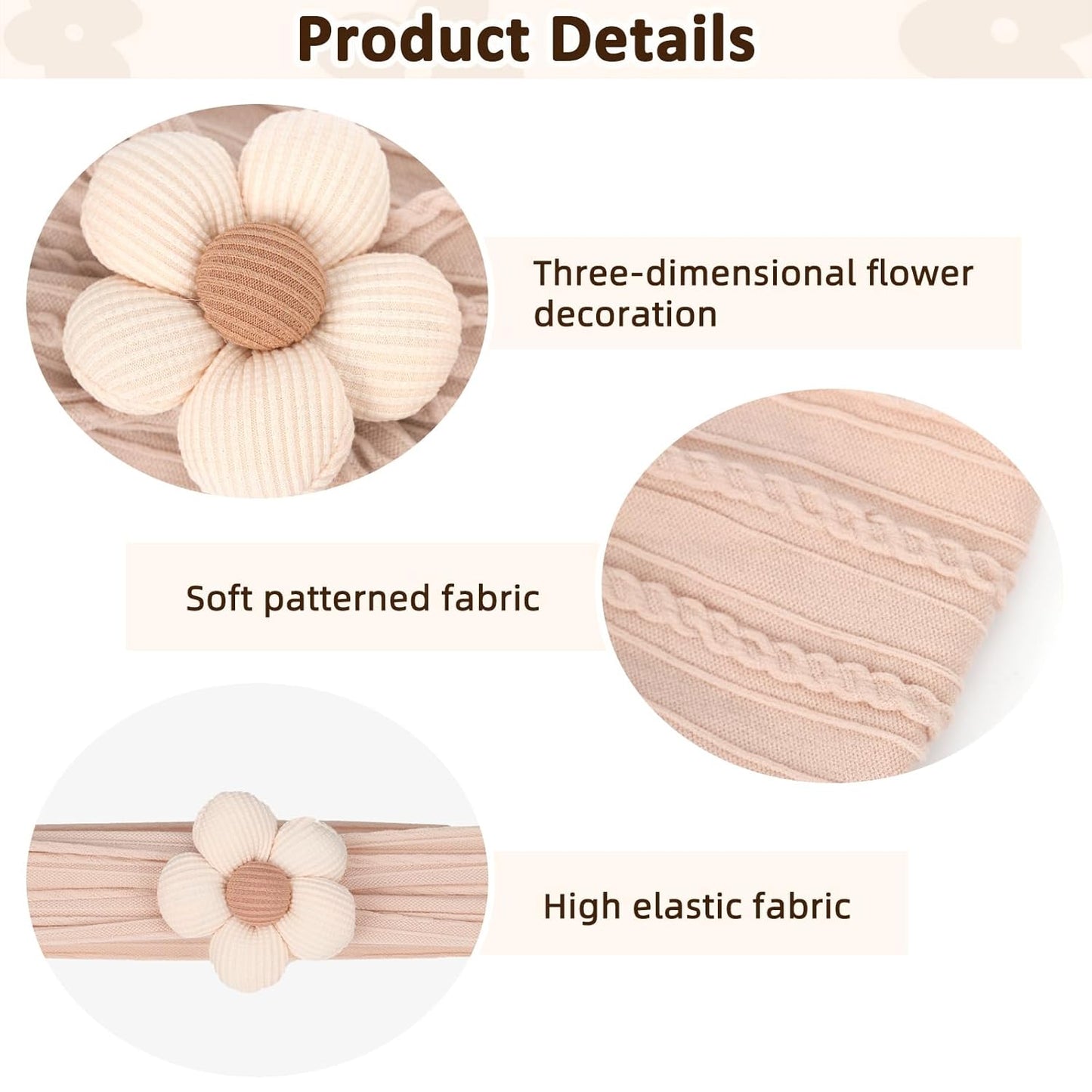 MIUXUESO 3 Pcs Baby Flower Headbands Baby Girls Nylon Headband Soft Hairbands Hair Accessories for Newborn Infant Toddler Kids (Beige Pink Khaki)
