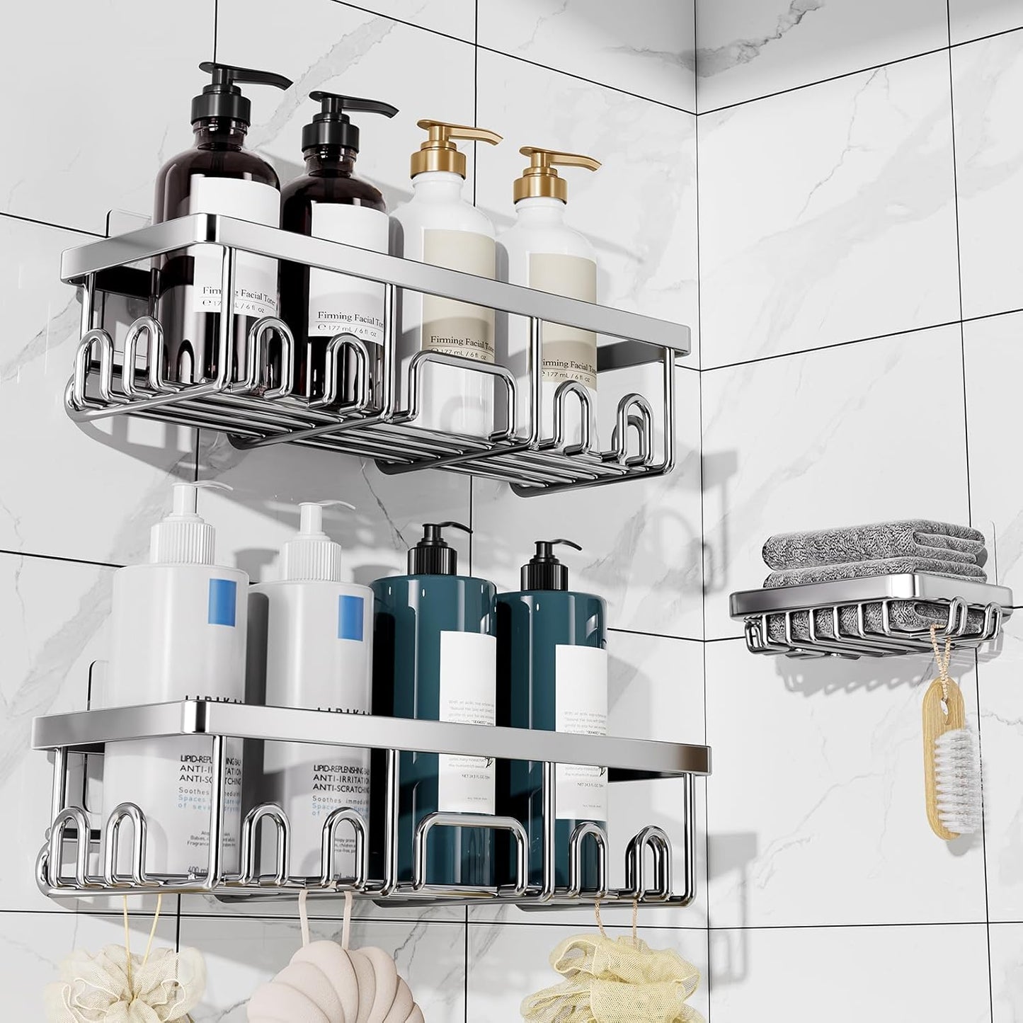 Veken Shower Caddy 6-Pack, No Drilling & Rustproof, Waterproof Adhesive Shelves Rack with Soap Holder, Large Capacity Bathroom Organizers and Storage, Wall-Mounted Kitchen & Home Decor
