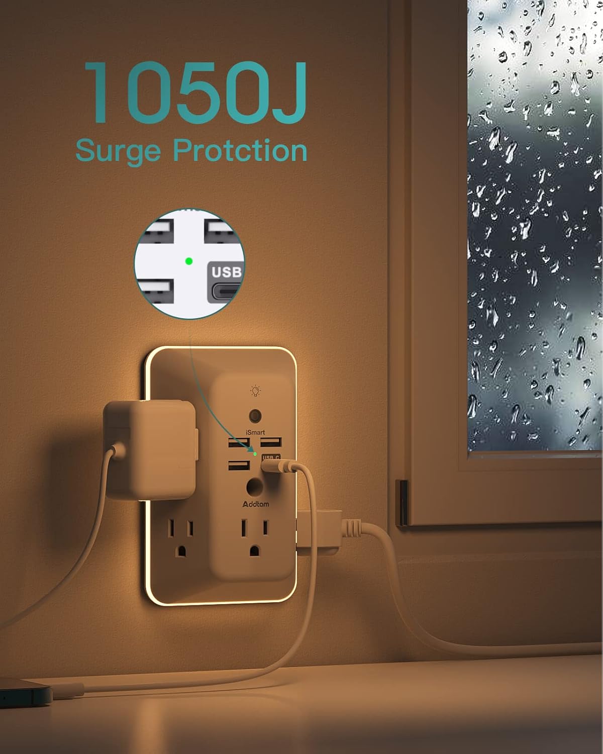 Addtam Surge Protector Outlet Extender, Plug Extension Outlet with Night Light, 5-Outlet Splitter and 4 USB Ports(1 USB C), Multi Plug Wall Outlet for Home Office Dorm Room Essentials