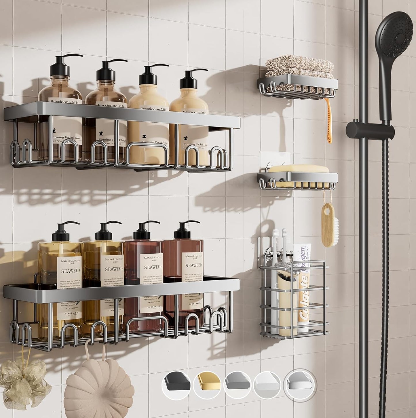 Veken Shower Caddy 6-Pack, No Drilling & Rustproof, Waterproof Adhesive Shelves Rack with Soap Holder, Large Capacity Bathroom Organizers and Storage, Wall-Mounted Kitchen & Home Decor