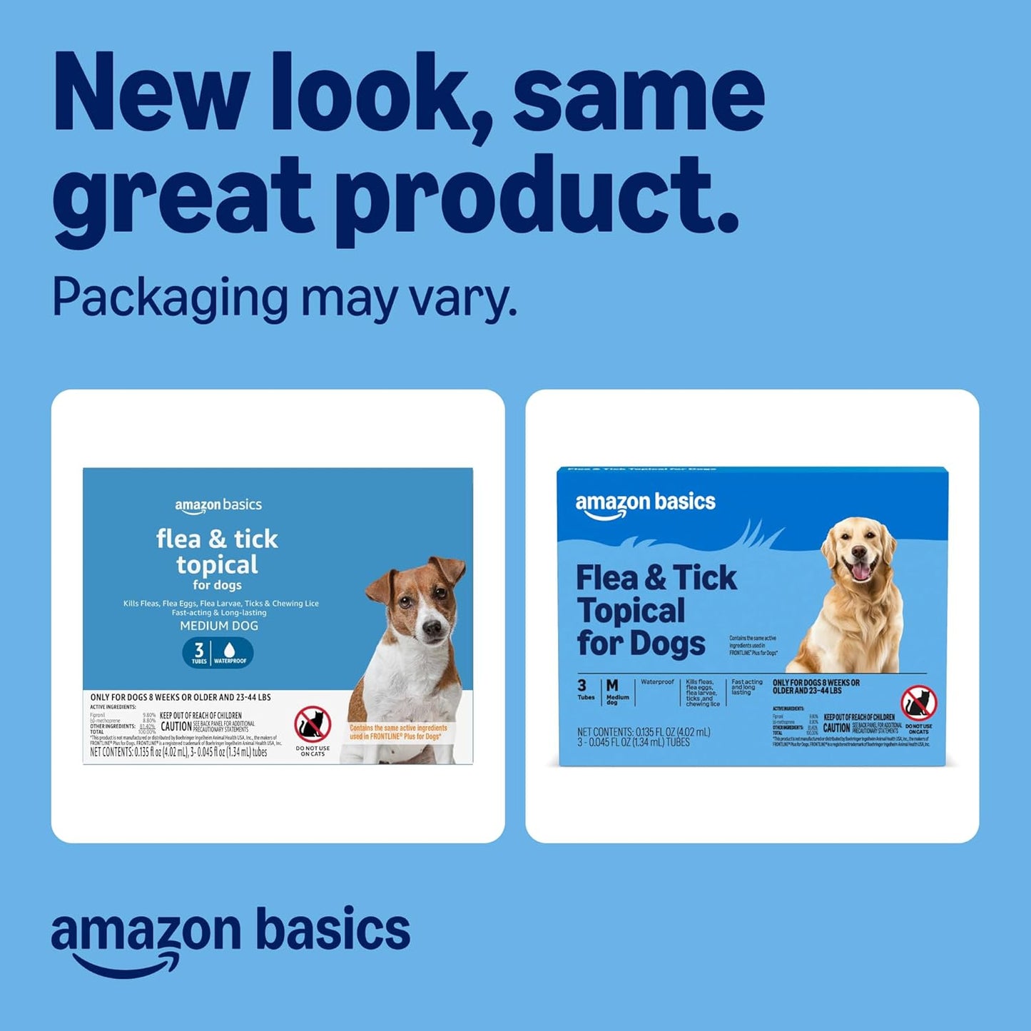 Amazon Basics Flea and Tick Topical Treatment for Medium Dogs (23-44 lbs), Fast Acting and Long Lasting, 3 Count, Packaging May Vary