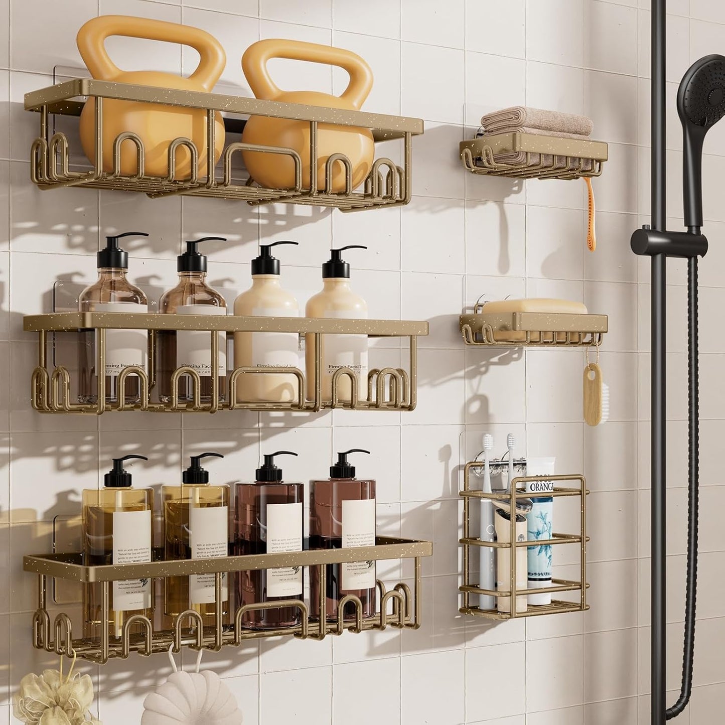 Veken Shower Caddy 6-Pack, No Drilling & Rustproof, Waterproof Adhesive Shelves Rack with Soap Holder, Large Capacity Bathroom Organizers and Storage, Wall-Mounted Kitchen & Home Decor