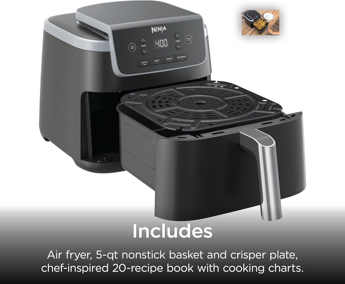 Ninja Air Fryer with Air Crisp | 5 QT Capacity fits up to 4lbs of Fries | 4-in-1 Pro Air Fry, Roast, Reheat, Dehydrate | 400°F Max Temp | 1750 Watts | W/Nonstick Basket & Crisper Plate | Grey | AF141