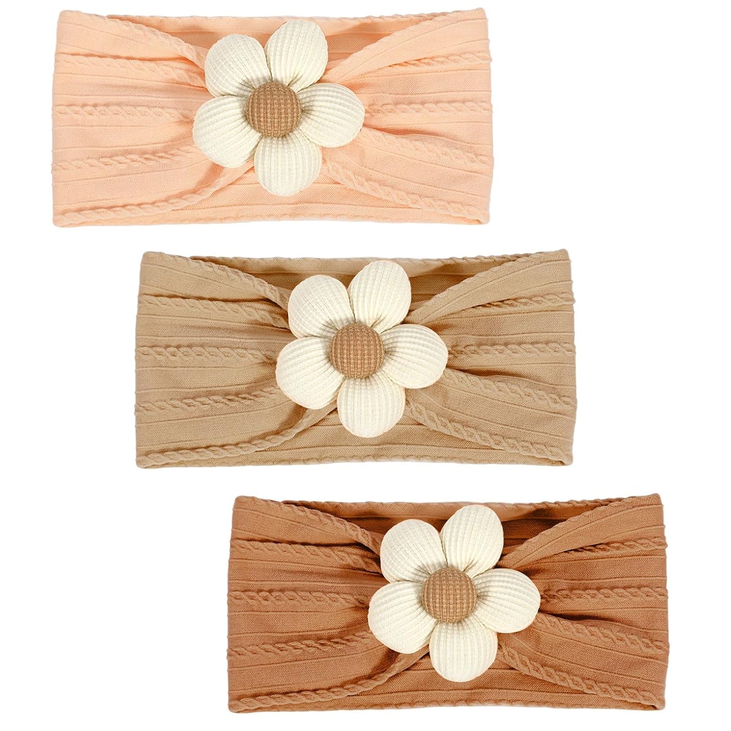 MIUXUESO 3 Pcs Baby Flower Headbands Baby Girls Nylon Headband Soft Hairbands Hair Accessories for Newborn Infant Toddler Kids (Beige Pink Khaki)