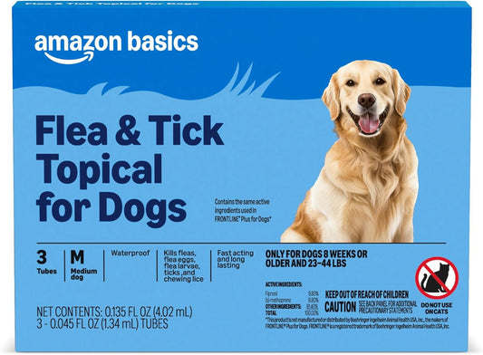 Amazon Basics Flea and Tick Topical Treatment for Medium Dogs (23-44 lbs), Fast Acting and Long Lasting, 3 Count, Packaging May Vary