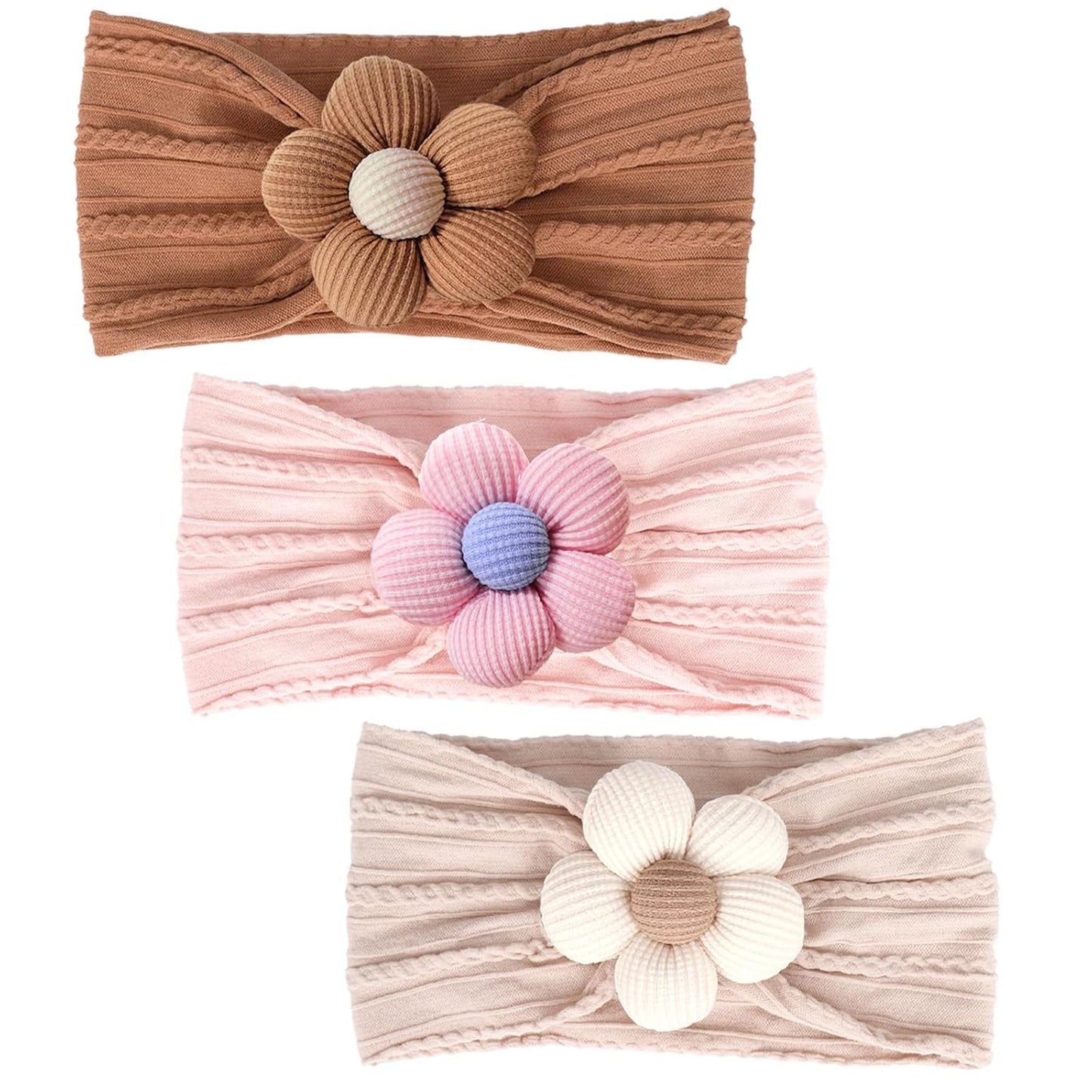 MIUXUESO 3 Pcs Baby Flower Headbands Baby Girls Nylon Headband Soft Hairbands Hair Accessories for Newborn Infant Toddler Kids (Beige Pink Khaki)